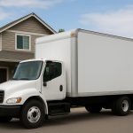 A large moving truck parked in front of a residential house.