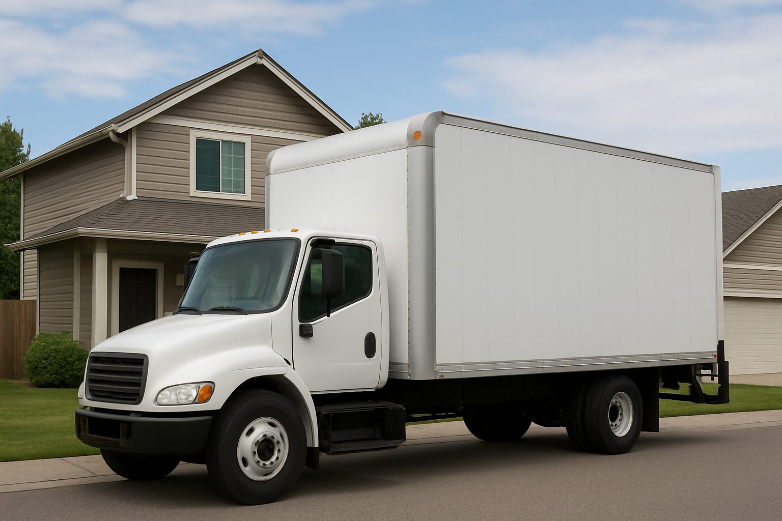 A large moving truck parked in front of a residential house.