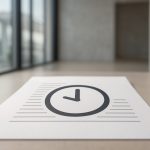 A close-up of a document featuring a clock icon on a tabletop near large windows