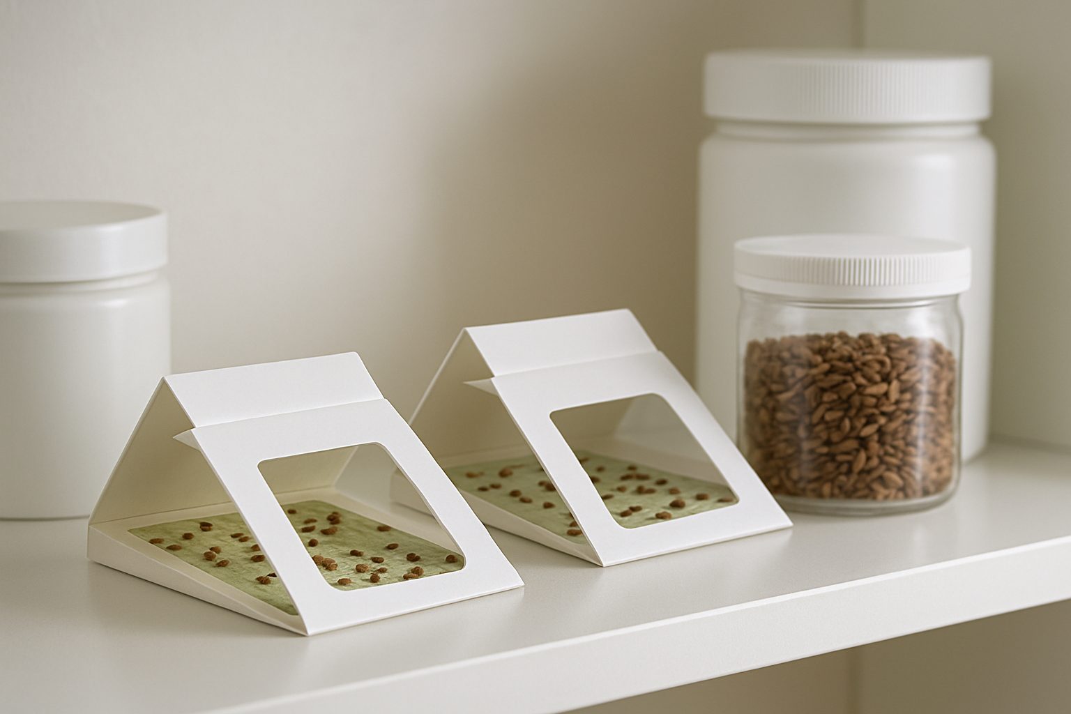 Two white boxes displaying insect traps on a shelf, with jars of brown seeds nearby.