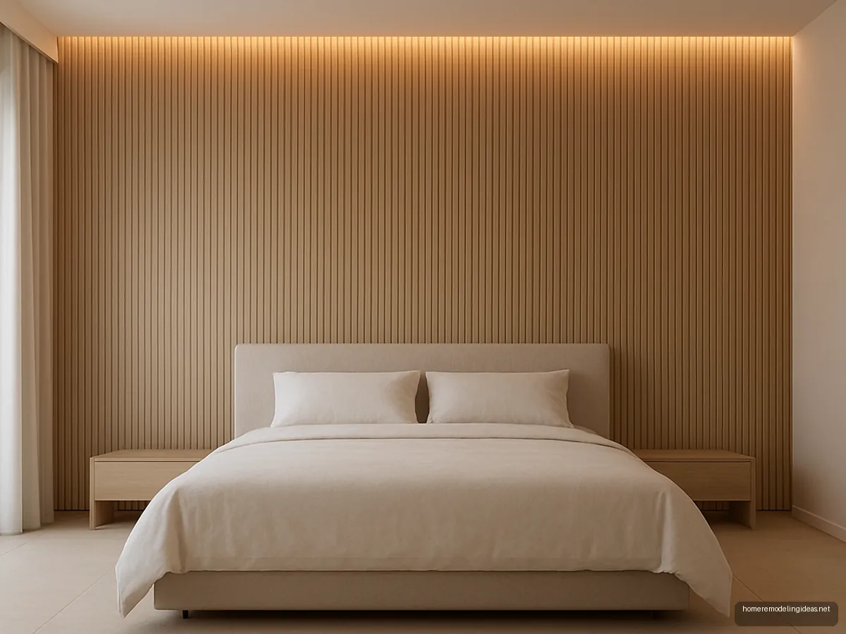 Floor to ceiling fluted oak panel wall behind a low bed