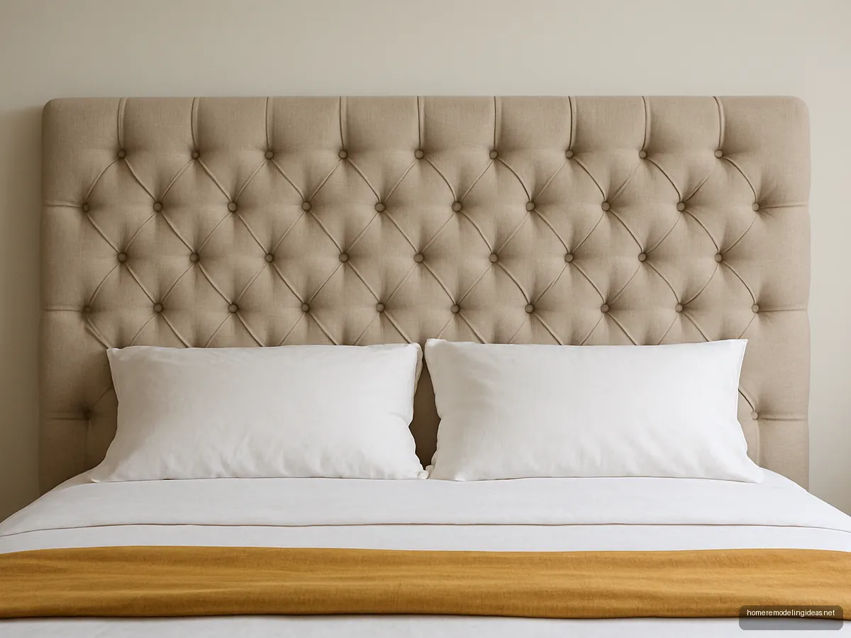 Beige diamond tufted cushion headboard above a queen bed