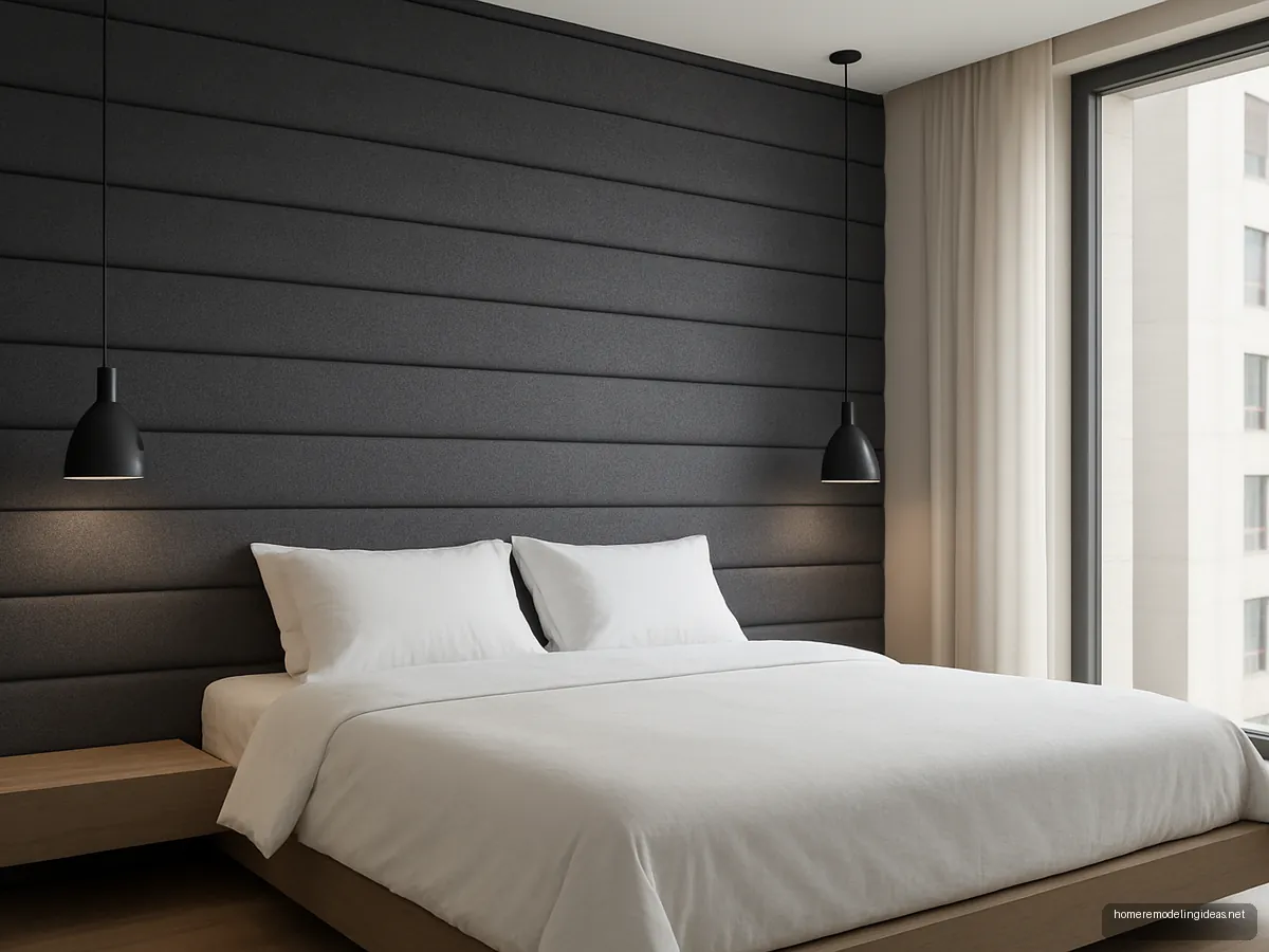 Charcoal horizontal padded channel wall behind a platform bed