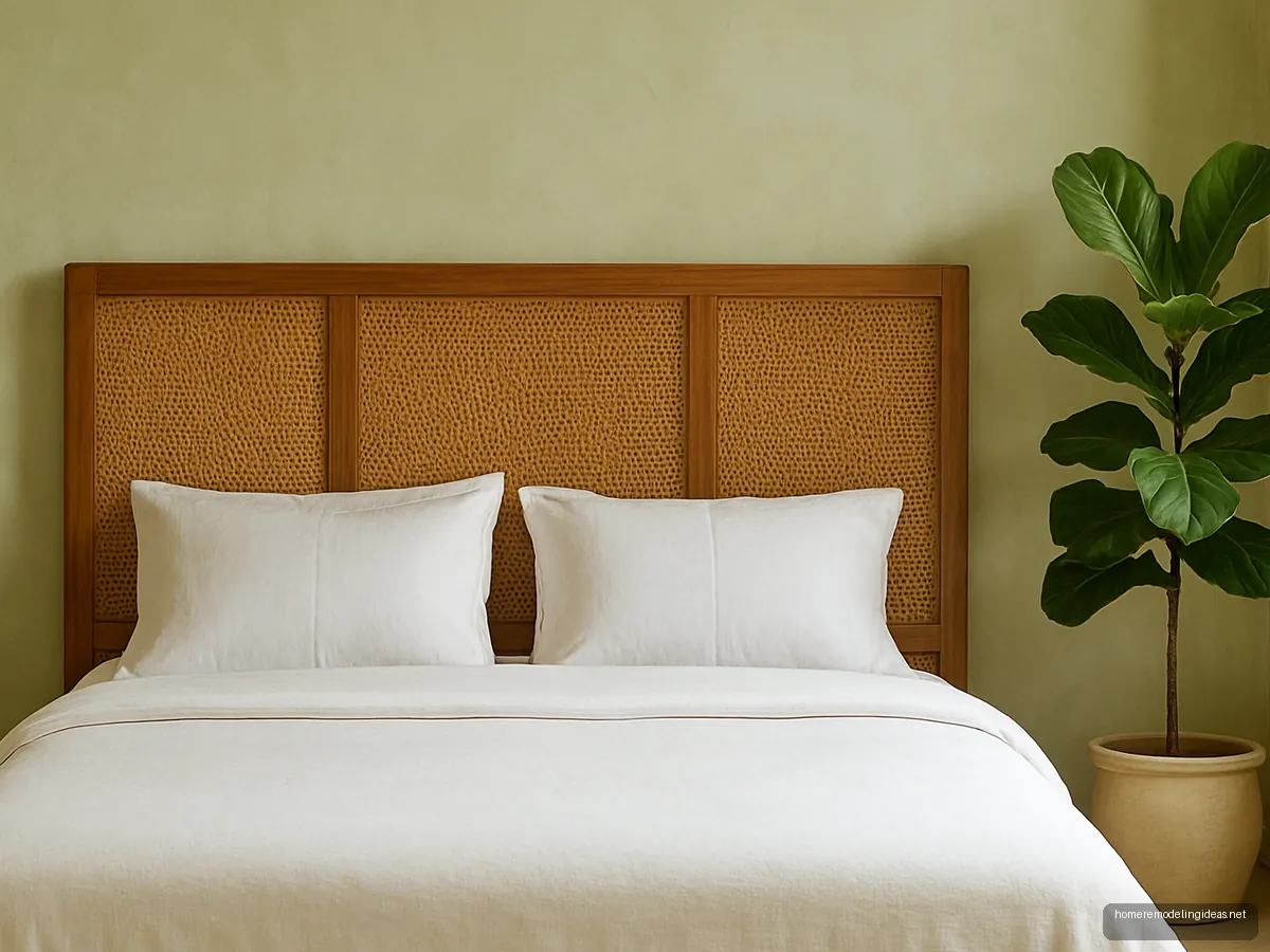 Teak frame headboard with woven cane panels in a bright villa bedroom