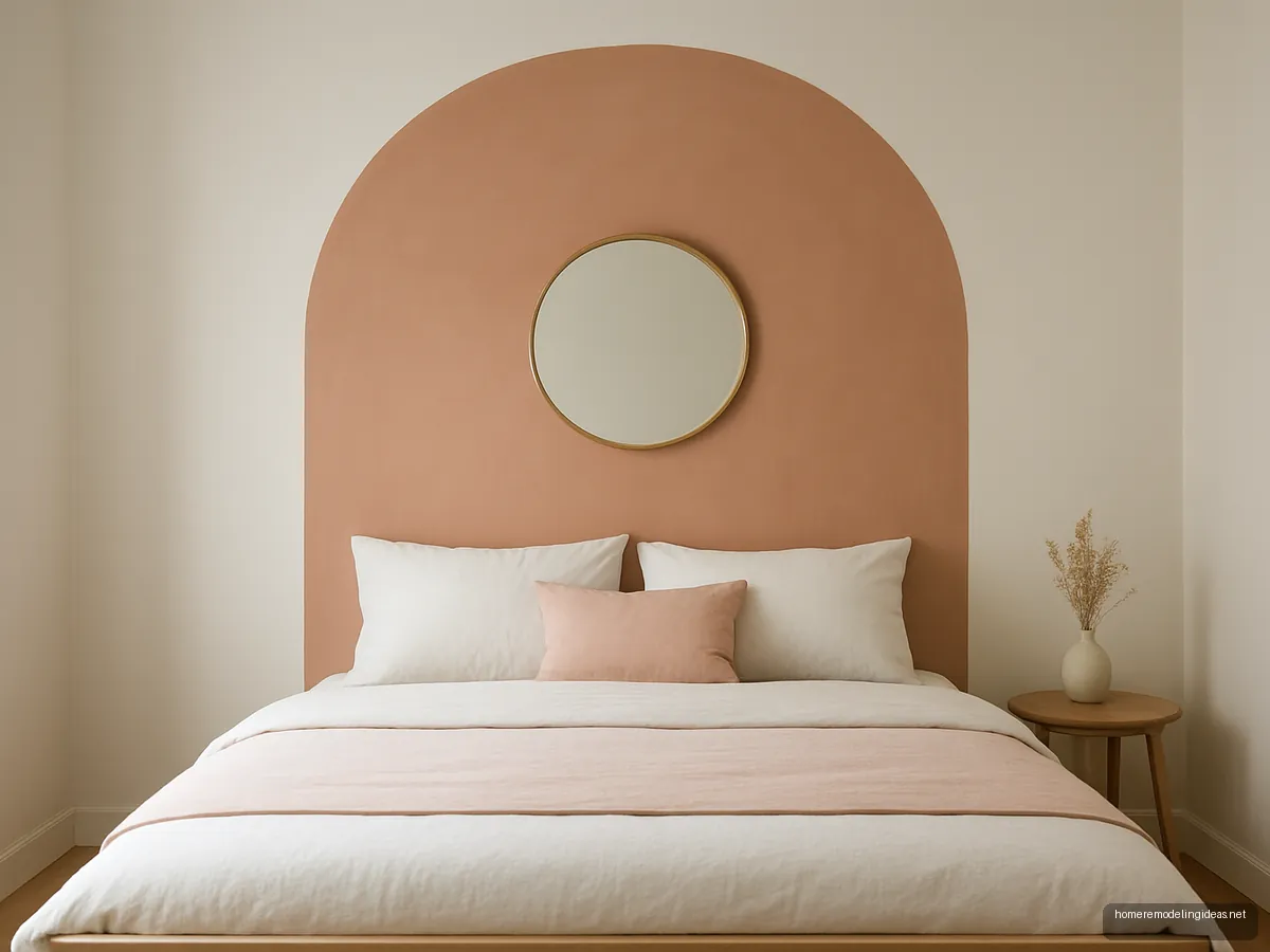 Painted clay pink arch on the wall behind a bed without headboard
