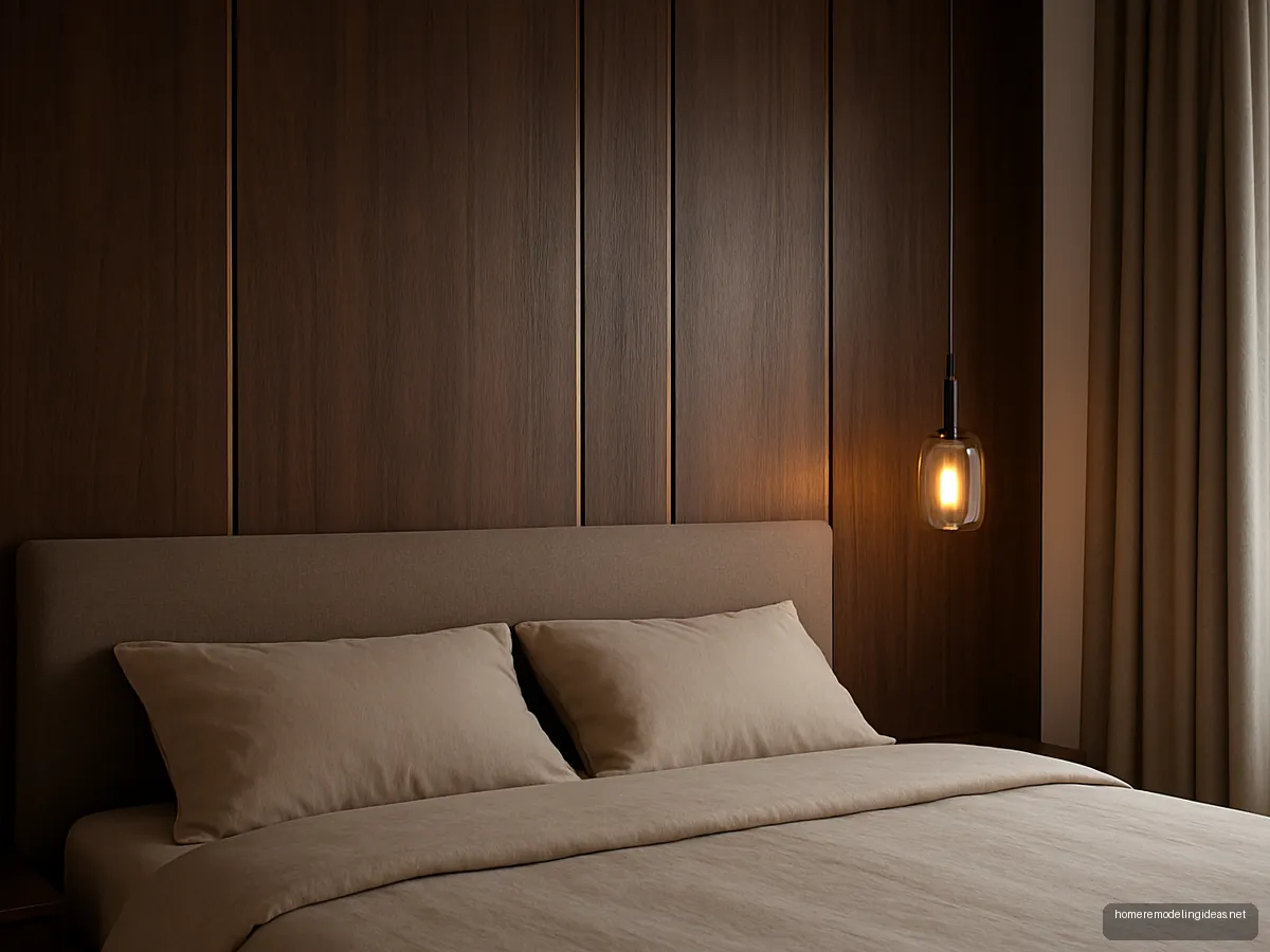 Walnut veneer wall with bronze mirror strips behind a taupe headboard