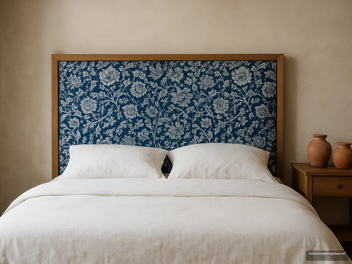 Indigo block print fabric headboard panel over a low wooden bed
