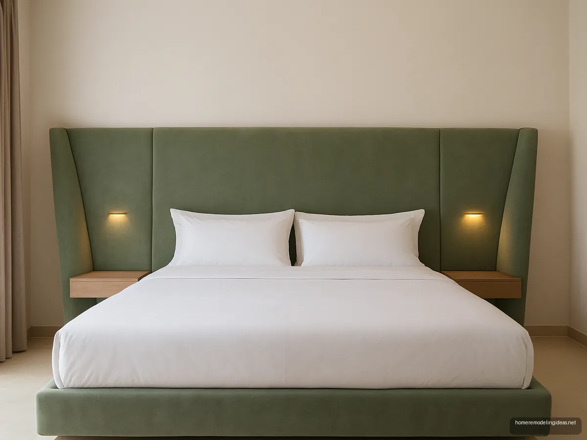 Sage velvet wall to wall headboard with wings framing side tables