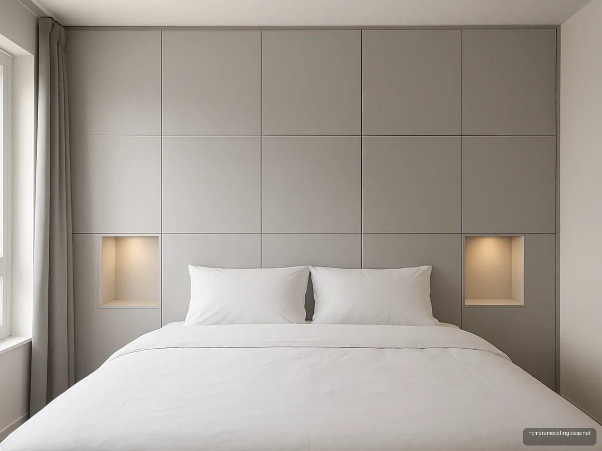 Grey laminate grid wall with lit niches beside the bed