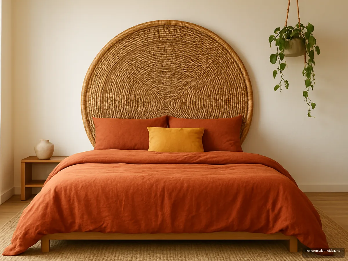 Round rattan headboard above a low bed with terracotta bedding