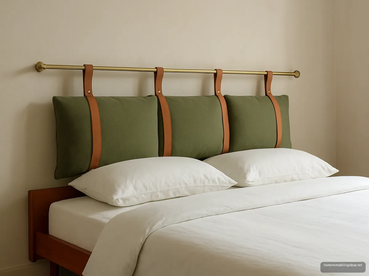 Brass rod with leather straps holding olive cushions as headboard