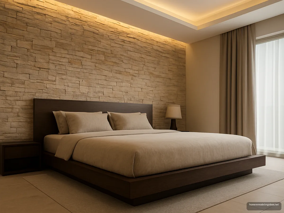 Beige natural stone clad wall behind a dark wood platform bed