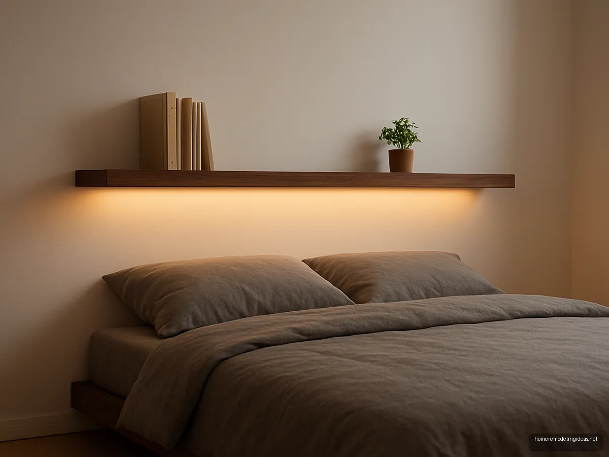 Floating walnut shelf headboard with LED wash on white wall