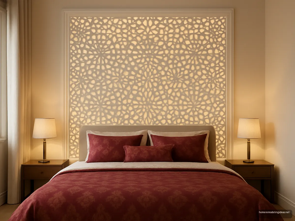 White back lit jaali panel behind a bed with maroon bedding