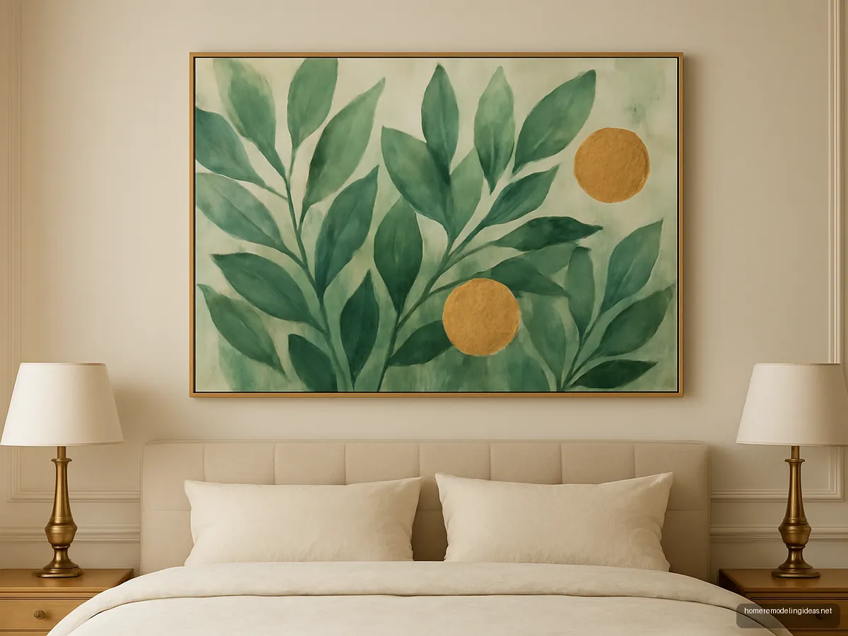 Large abstract leaf painting above a low cream headboard