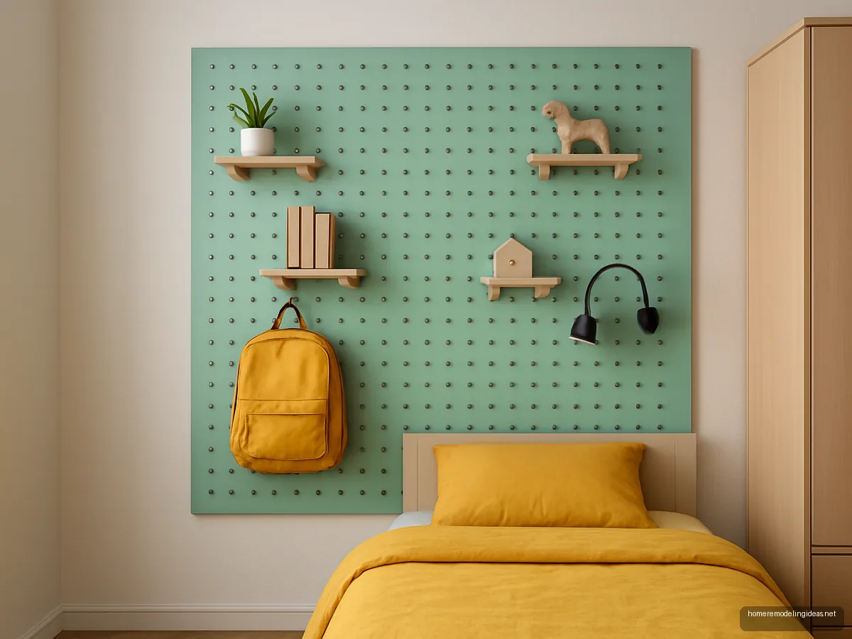 Mint pegboard wall behind a kids bed with shelves and lamp
