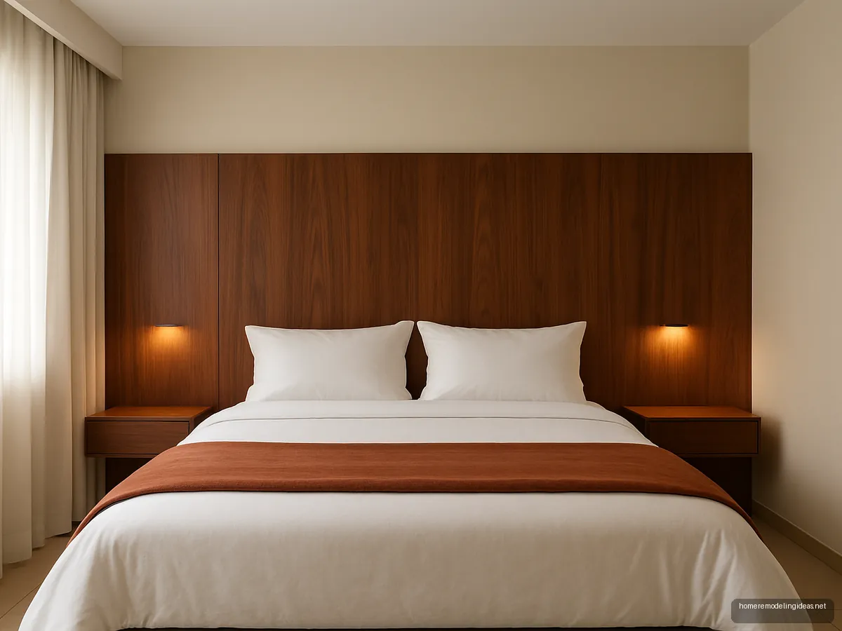 Queen bed with full-width walnut panel headboard and reading lights