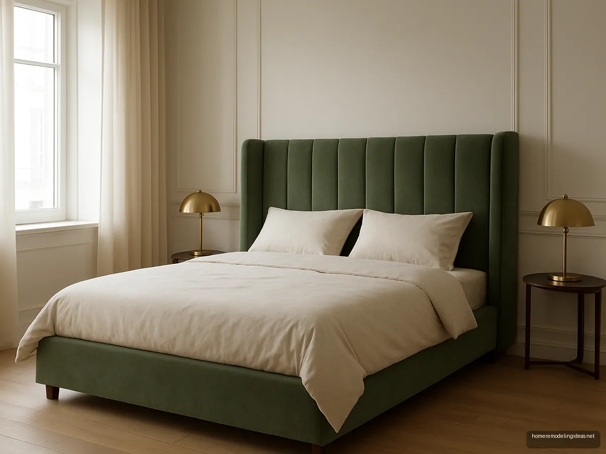 Sage green upholstered wingback bed with cream bedding