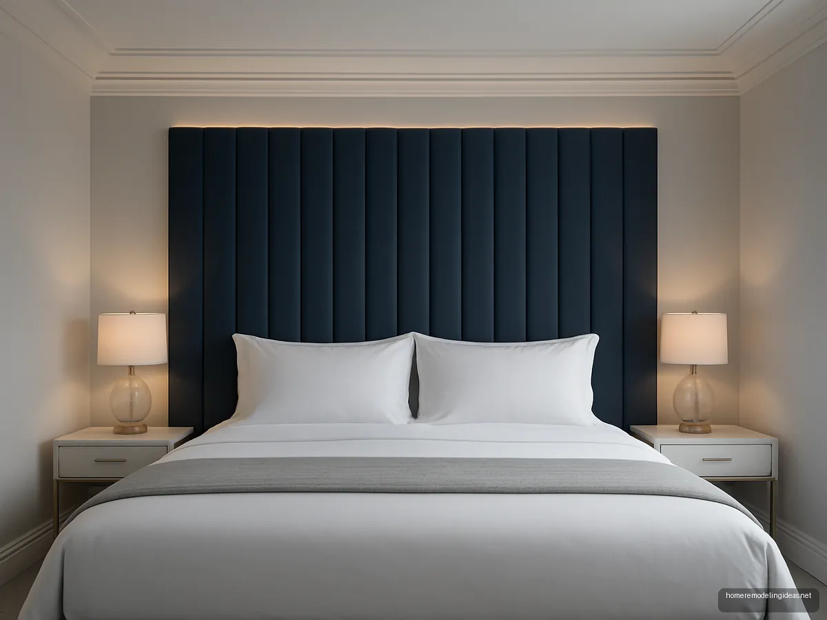 King bed with navy channel tufted headboard and cove light