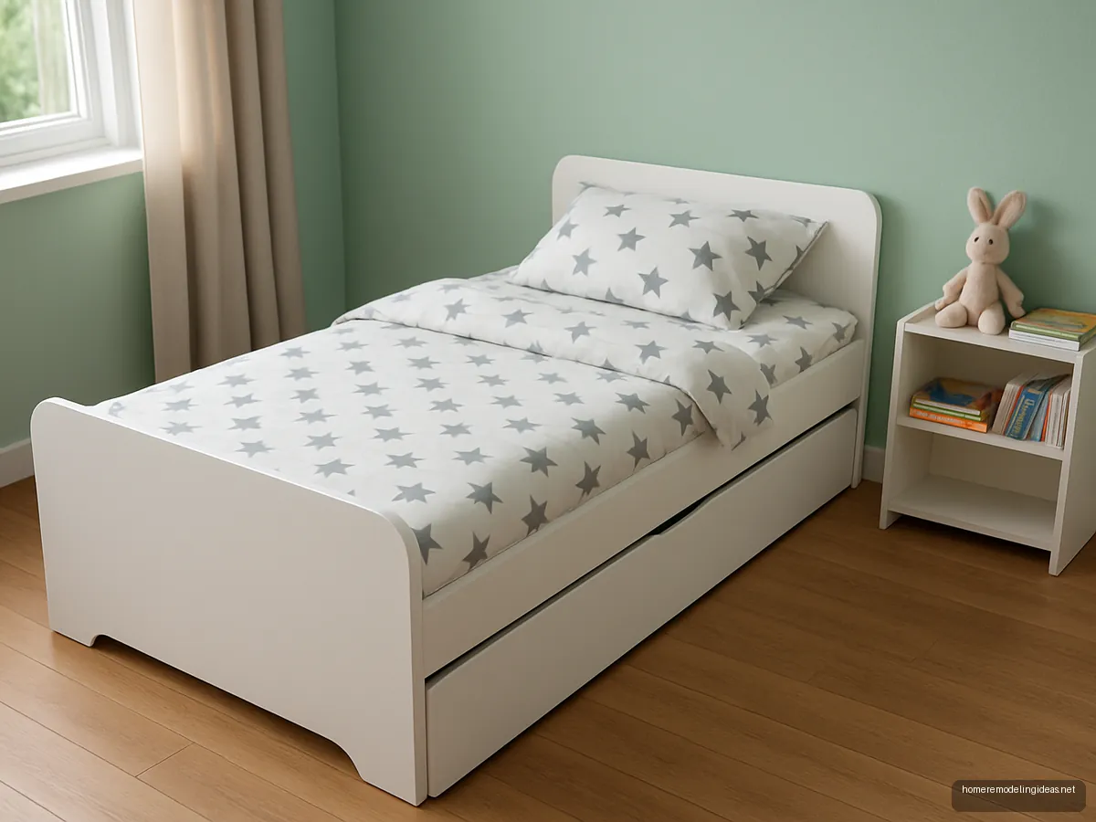 White single kids bed with trundle against mint wall