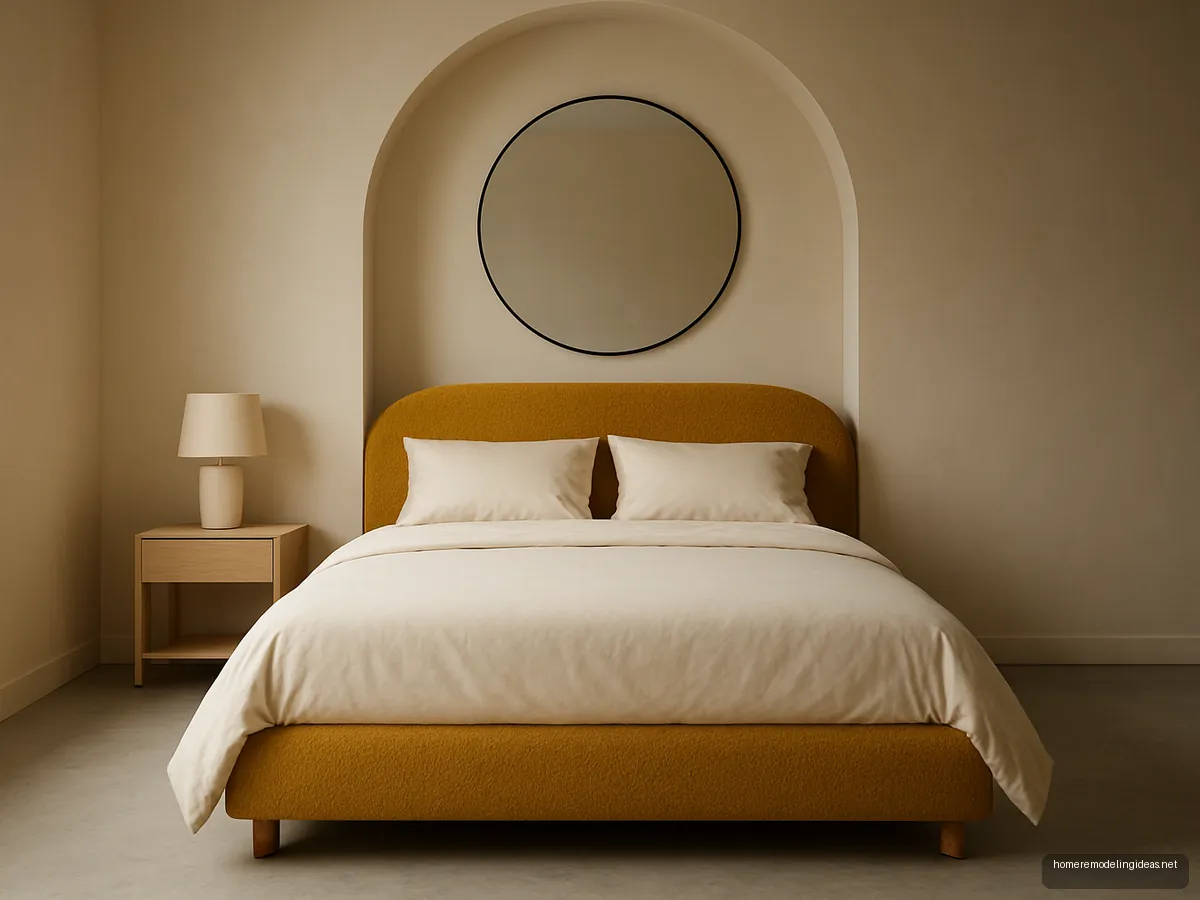 Curved mustard boucle bed in front of an arched beige niche
