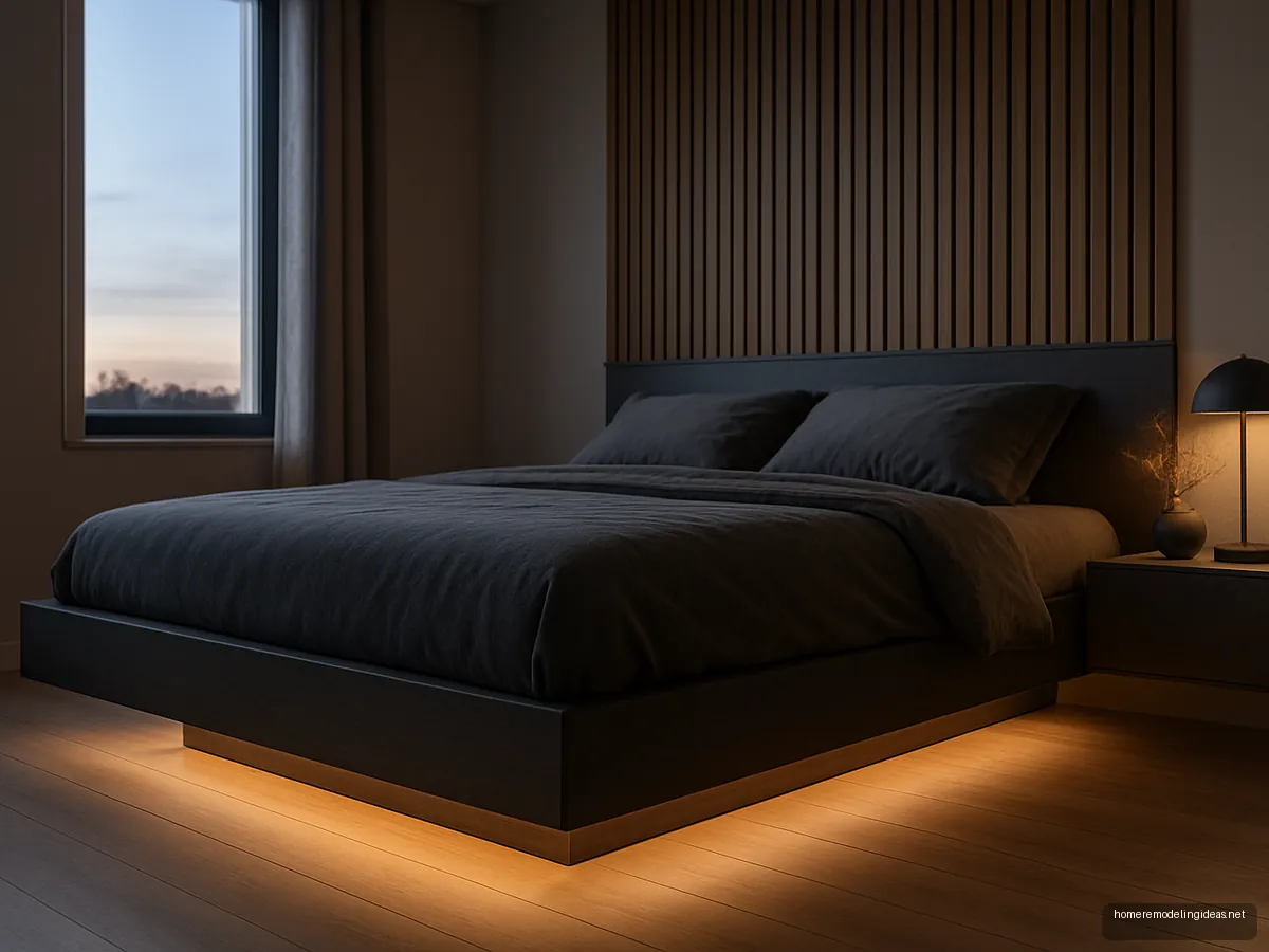 Floating grey bed with warm LED glow underneath