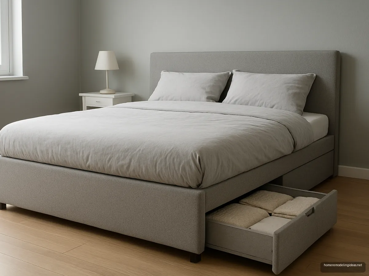 Grey fabric bed with side drawers open showing towels