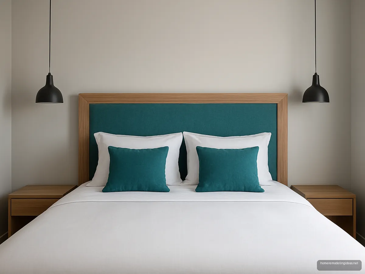 Oak and teal two-tone headboard on a queen bed