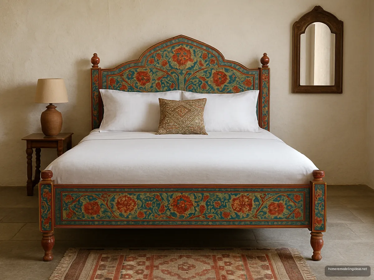 Hand-painted Rajasthani style wooden bed with floral motifs