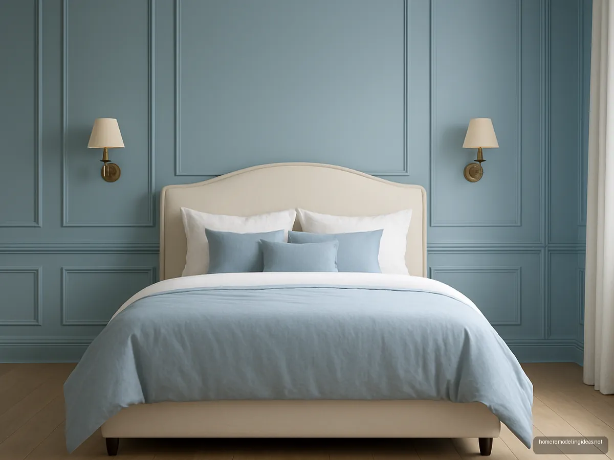 Ivory upholstered bed against powder blue wall moulding
