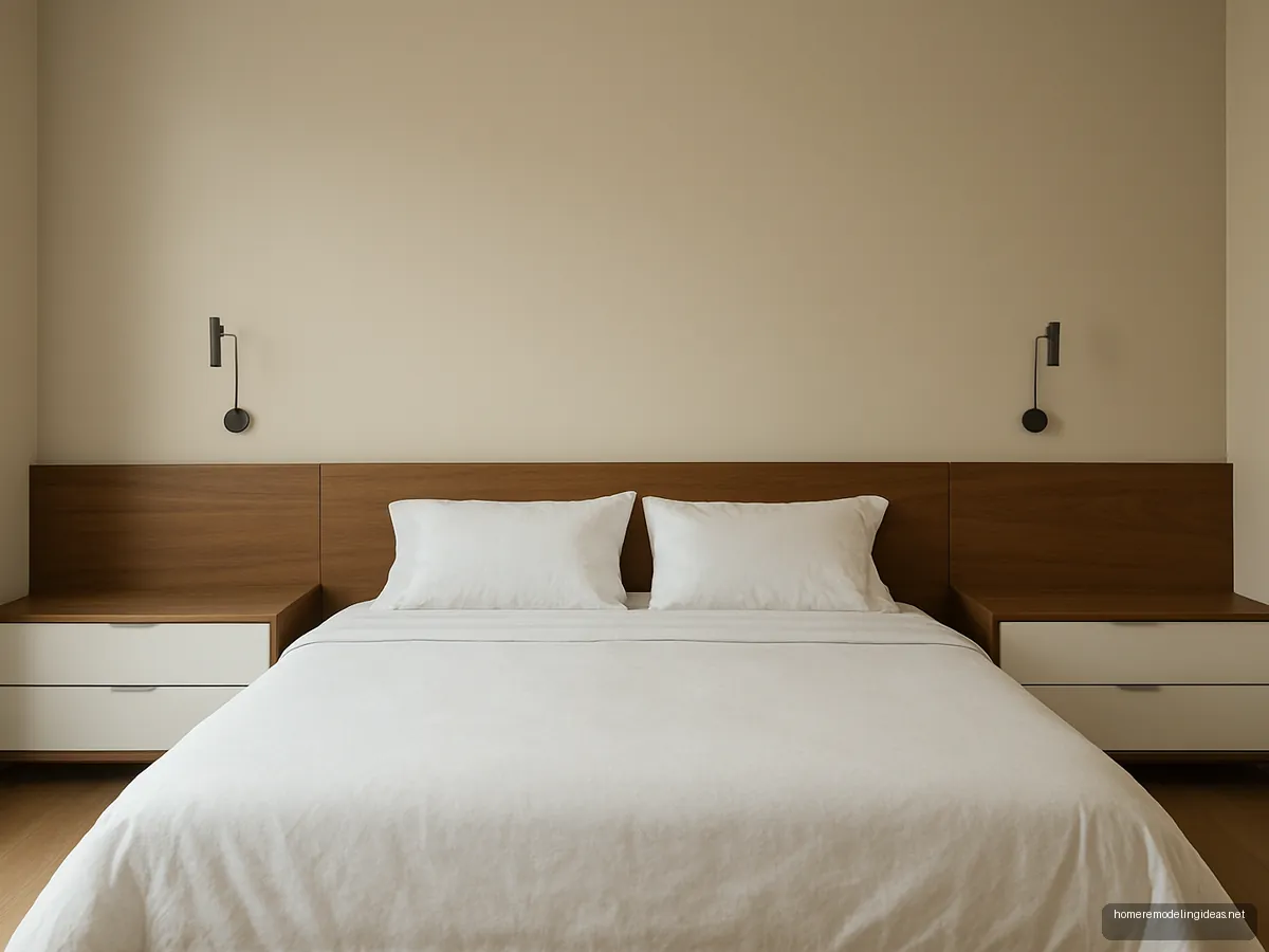 Queen bed with long headboard unit that includes side tables
