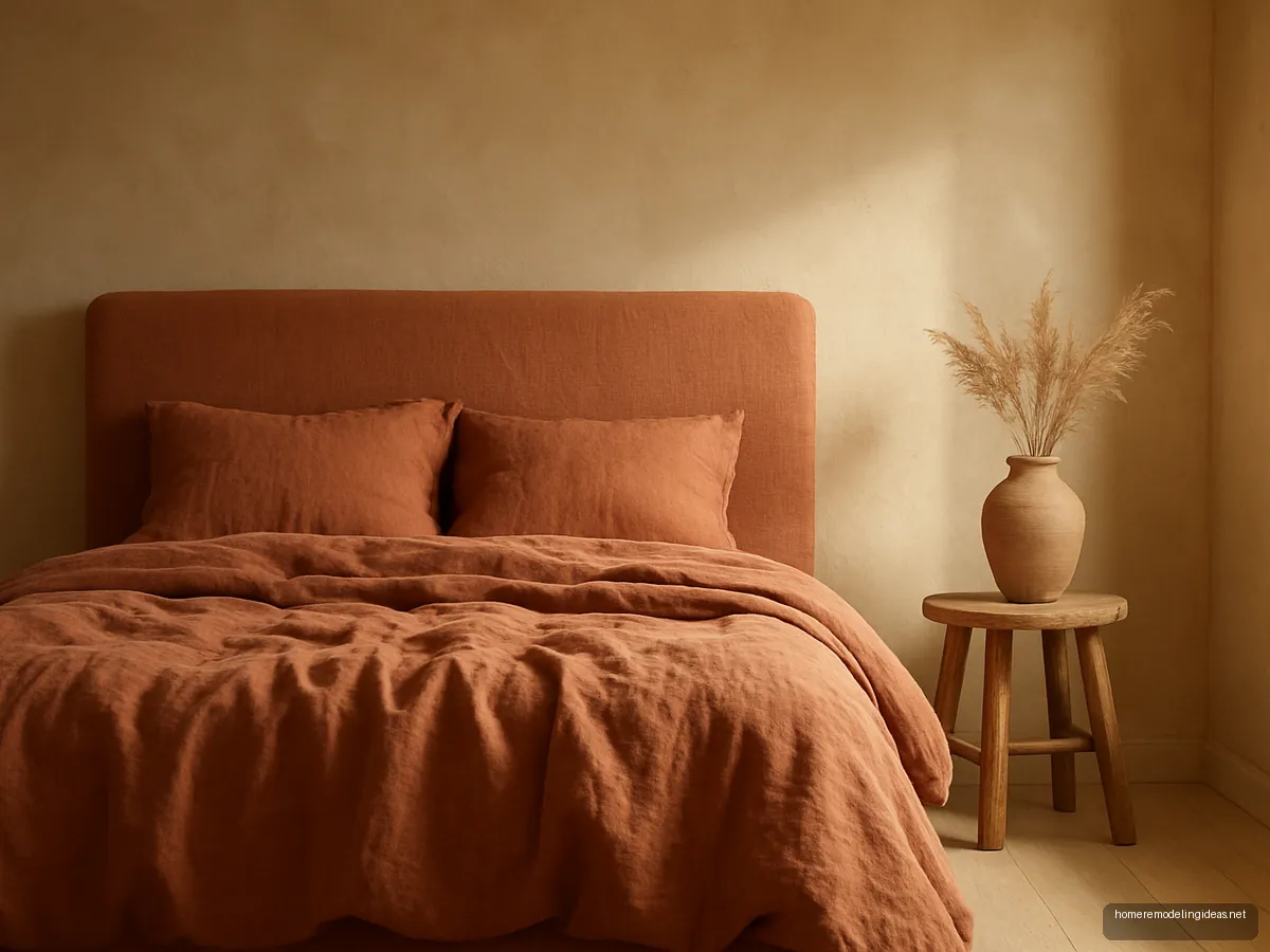 Terracotta linen bed with sand colour lime plaster walls