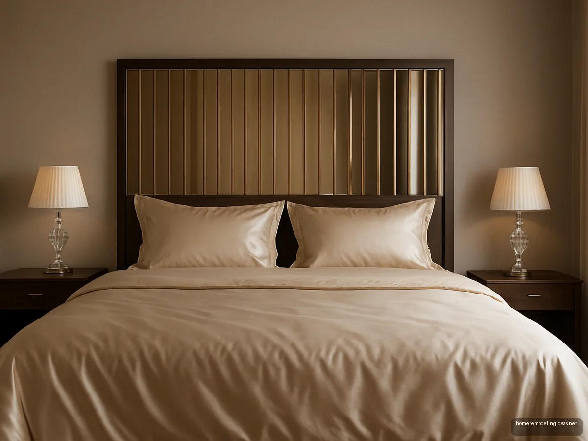 King bed with bronze tinted mirror strip headboard