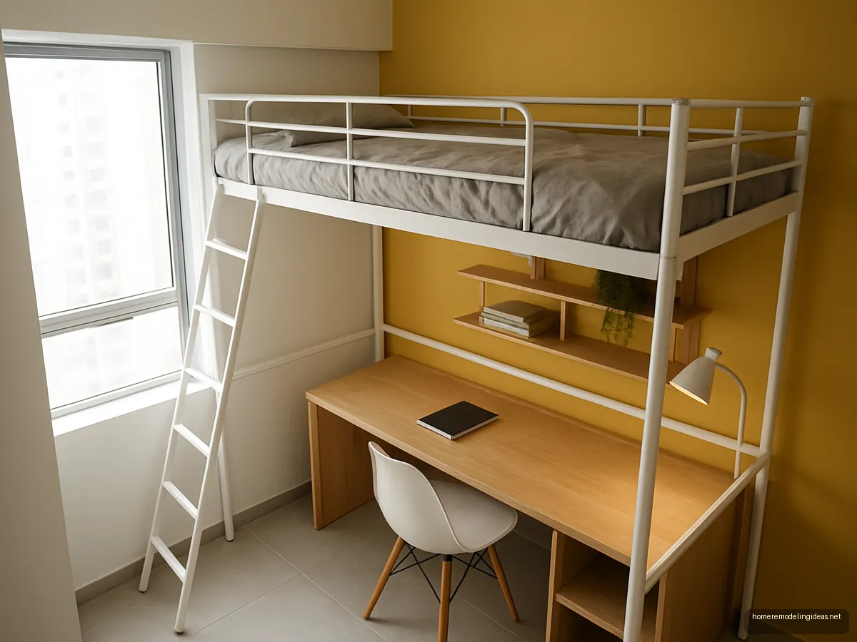 White loft bed above a study desk in a small room