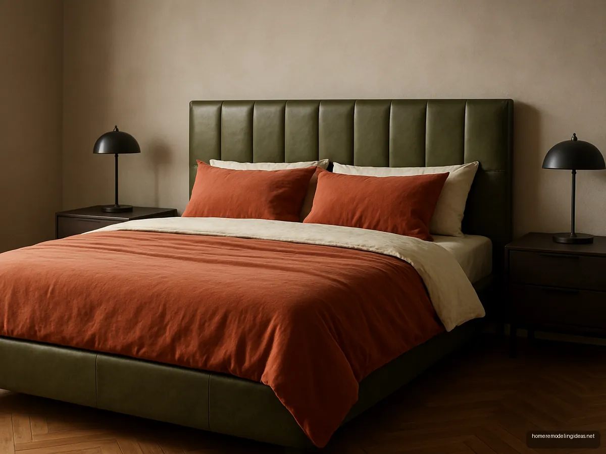 Olive faux leather headboard bed with rust bedding