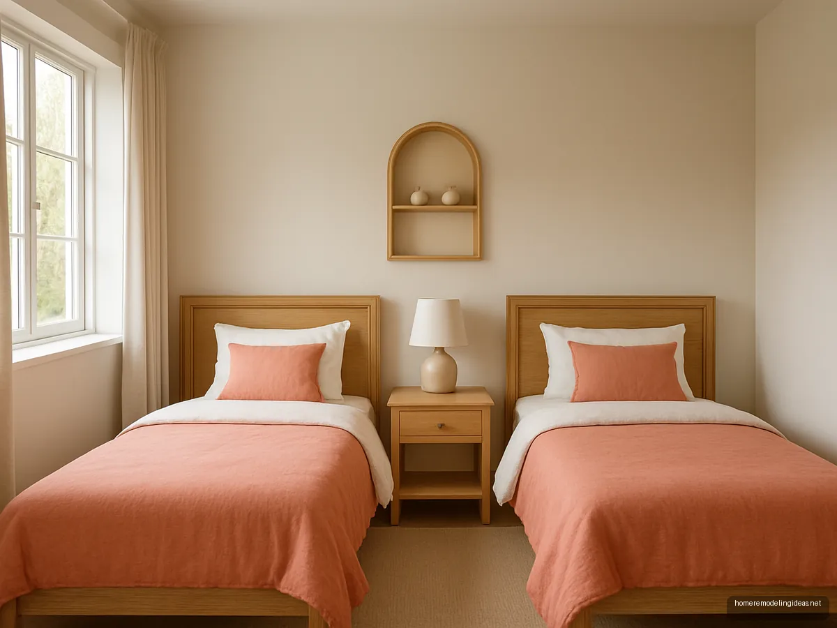 Two light oak single beds with a shared side table