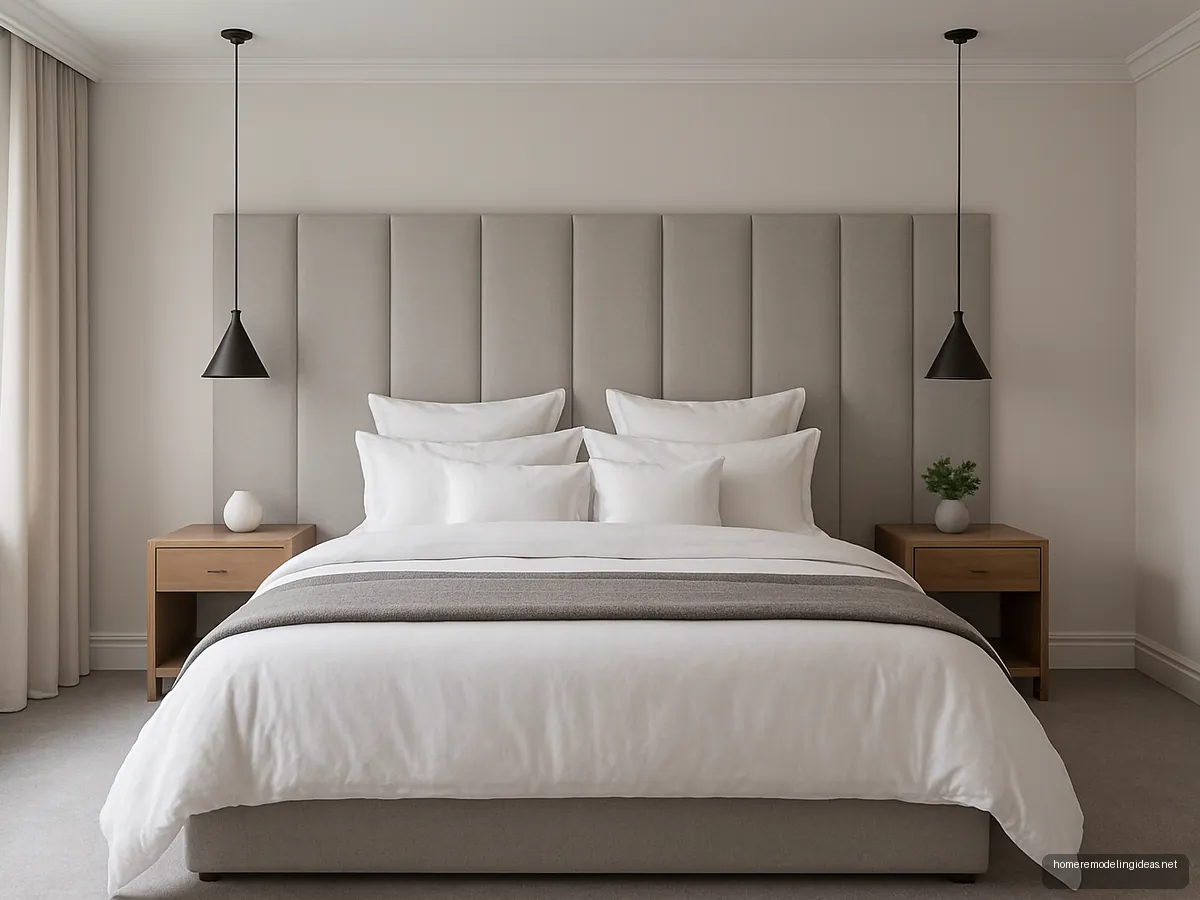 Tall pale grey headboard bed with crisp white hotel bedding