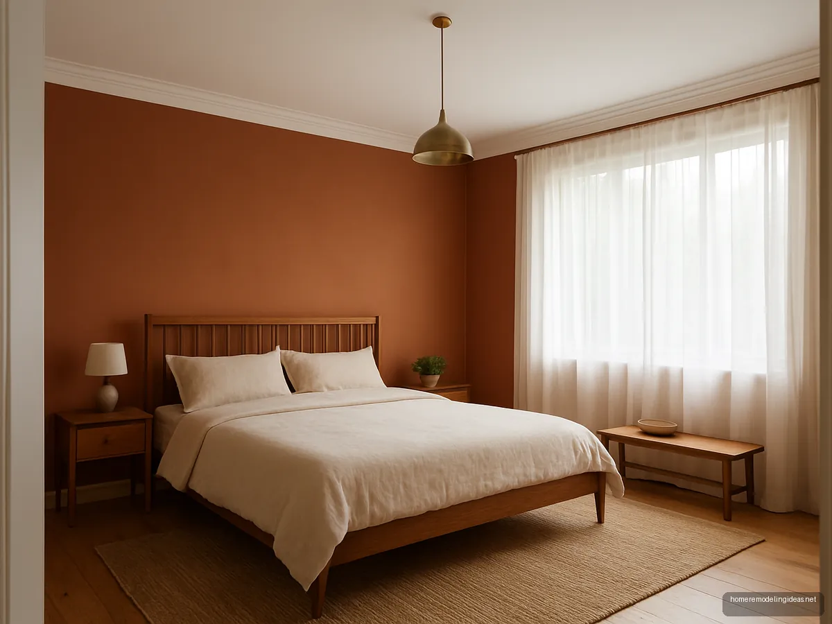 Master bedroom with terracotta walls and teak bed