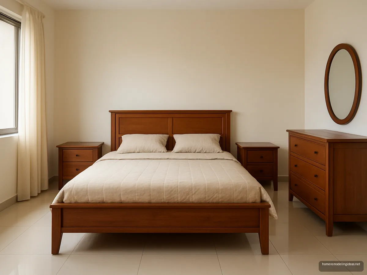 Matching teak bedroom set with queen bed, side tables and dresser with oval mirror