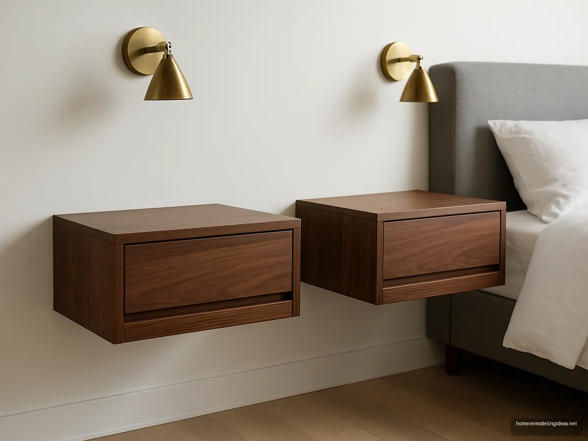Walnut floating bedside table with drawer and brass sconce beside a grey bed