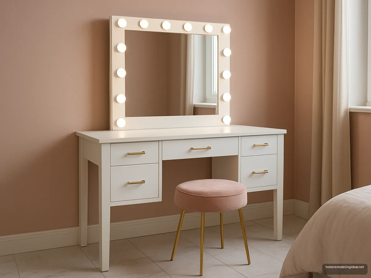 White dressing table with Hollywood bulb mirror and pink velvet stool