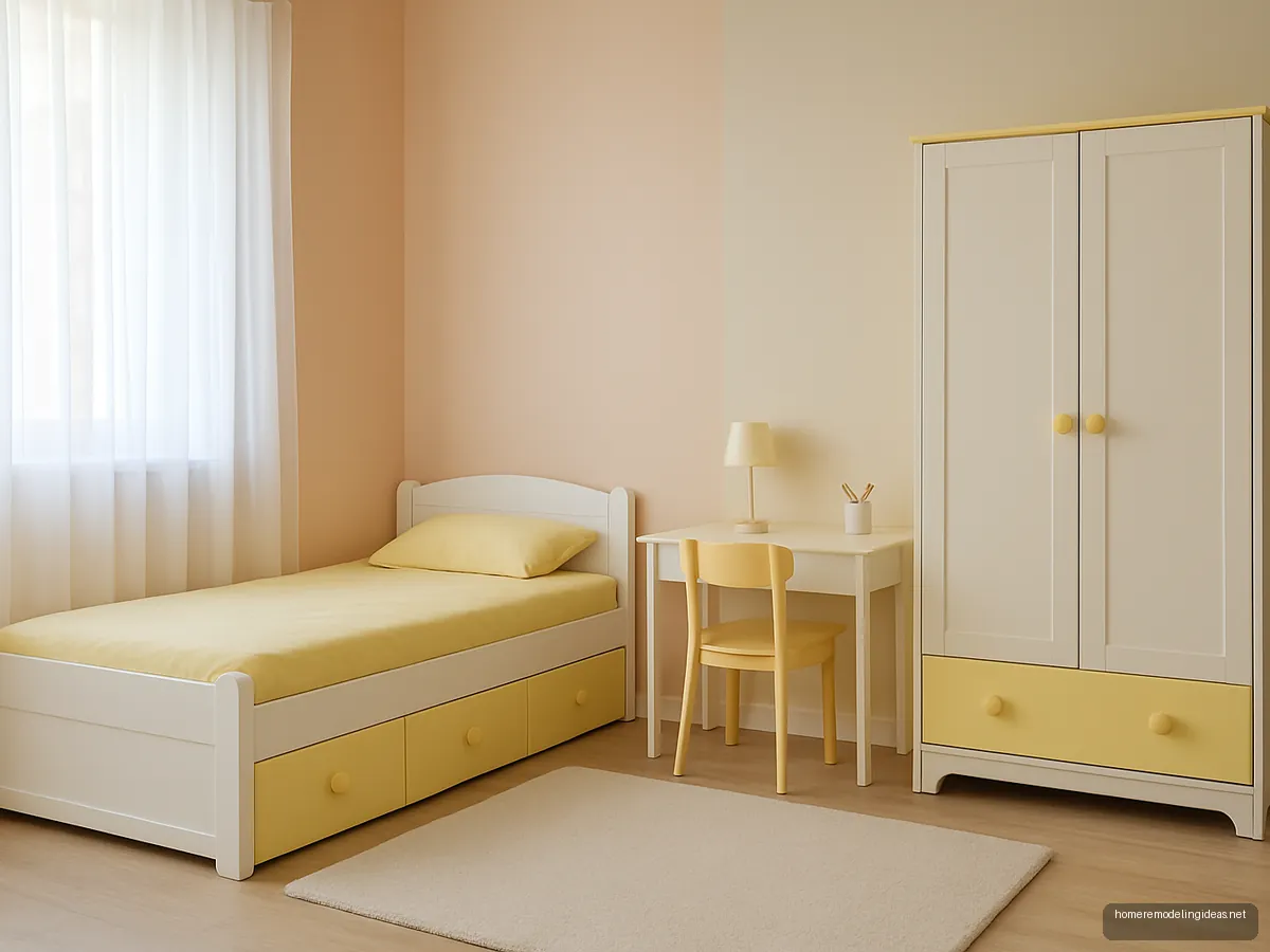 Kids bedroom set in white and yellow with single bed, desk and low wardrobe