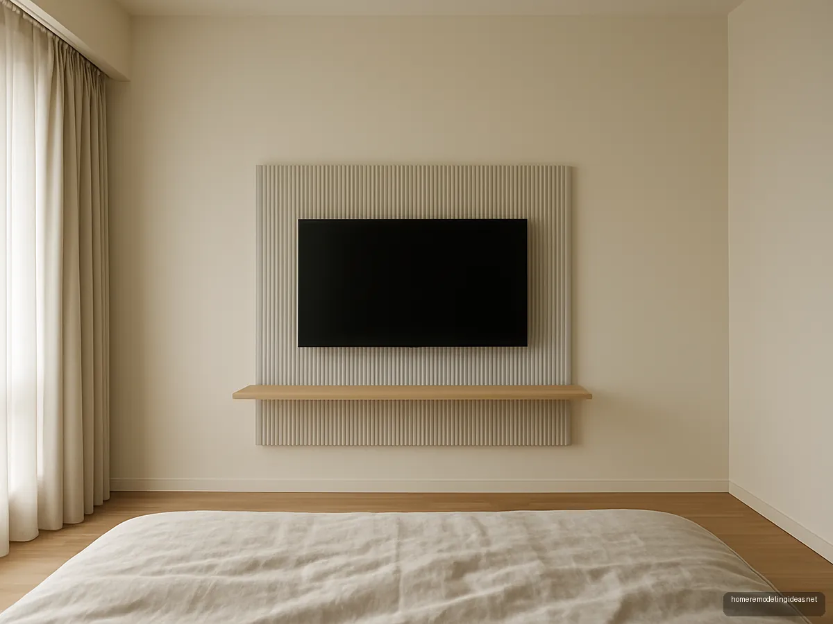 Slim grey fluted TV panel with floating shelf opposite a bed