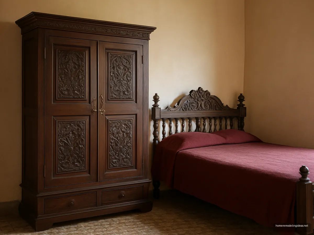 Dark teak almirah with carved doors next to a carved bed with maroon bedspread