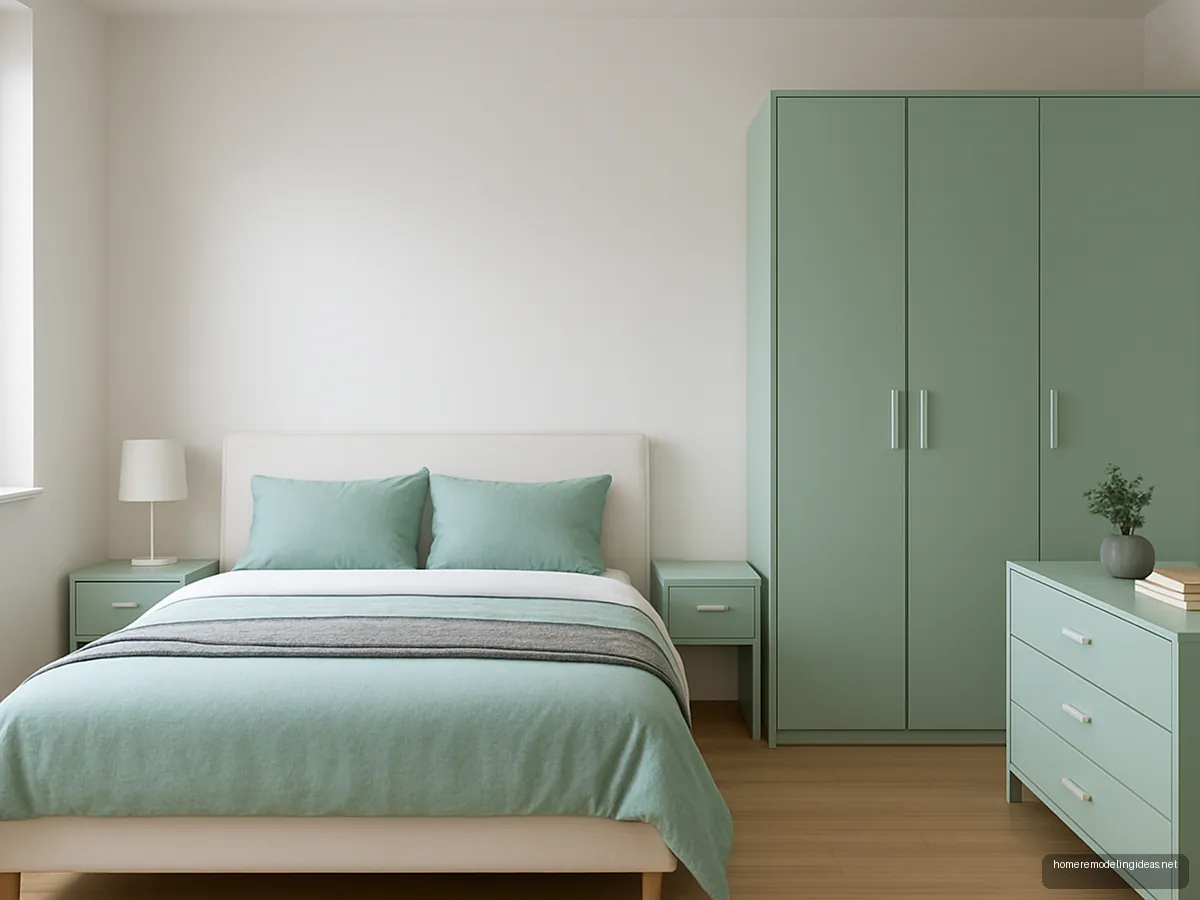 Mint green laminate wardrobe, side tables and dresser with white bed