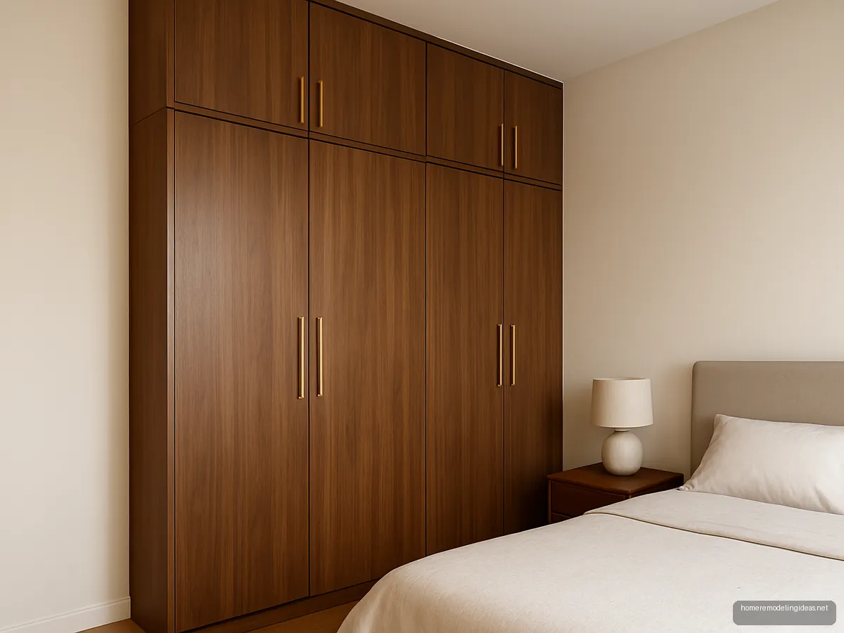 Walnut hinged wardrobe with matching loft cabinets reaching the ceiling