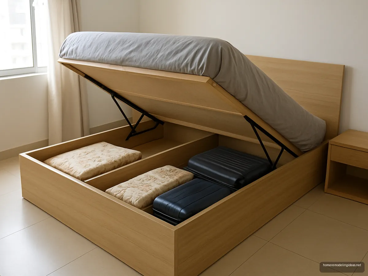 Queen hydraulic bed in light oak lifted open to show storage