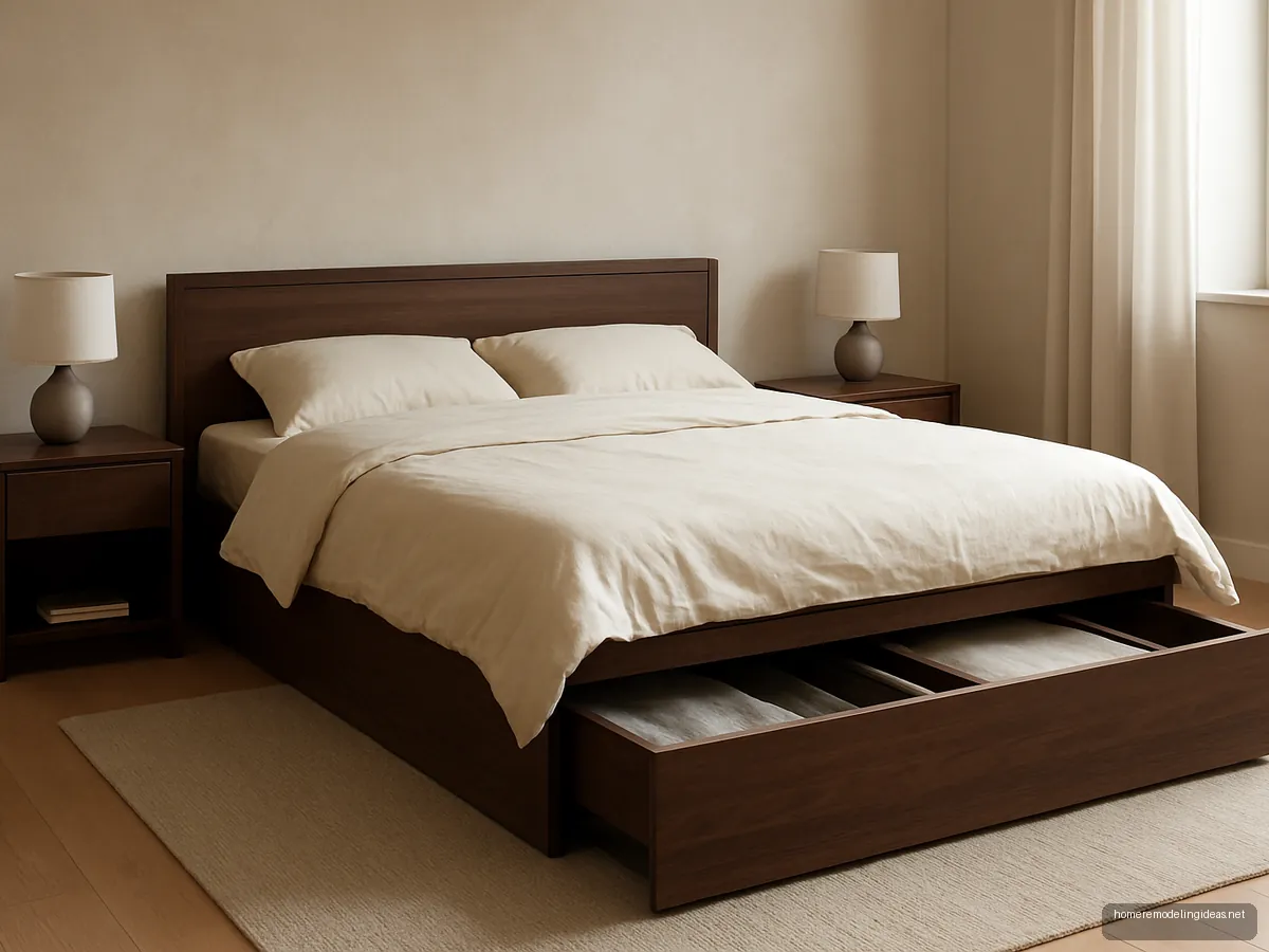 Walnut box storage bed with sliding top panels partly open