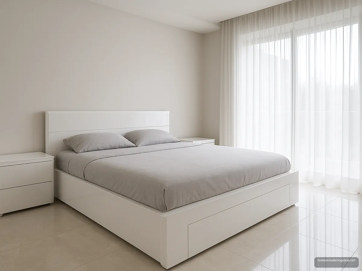 White high-gloss king hydraulic storage bed in a bright room