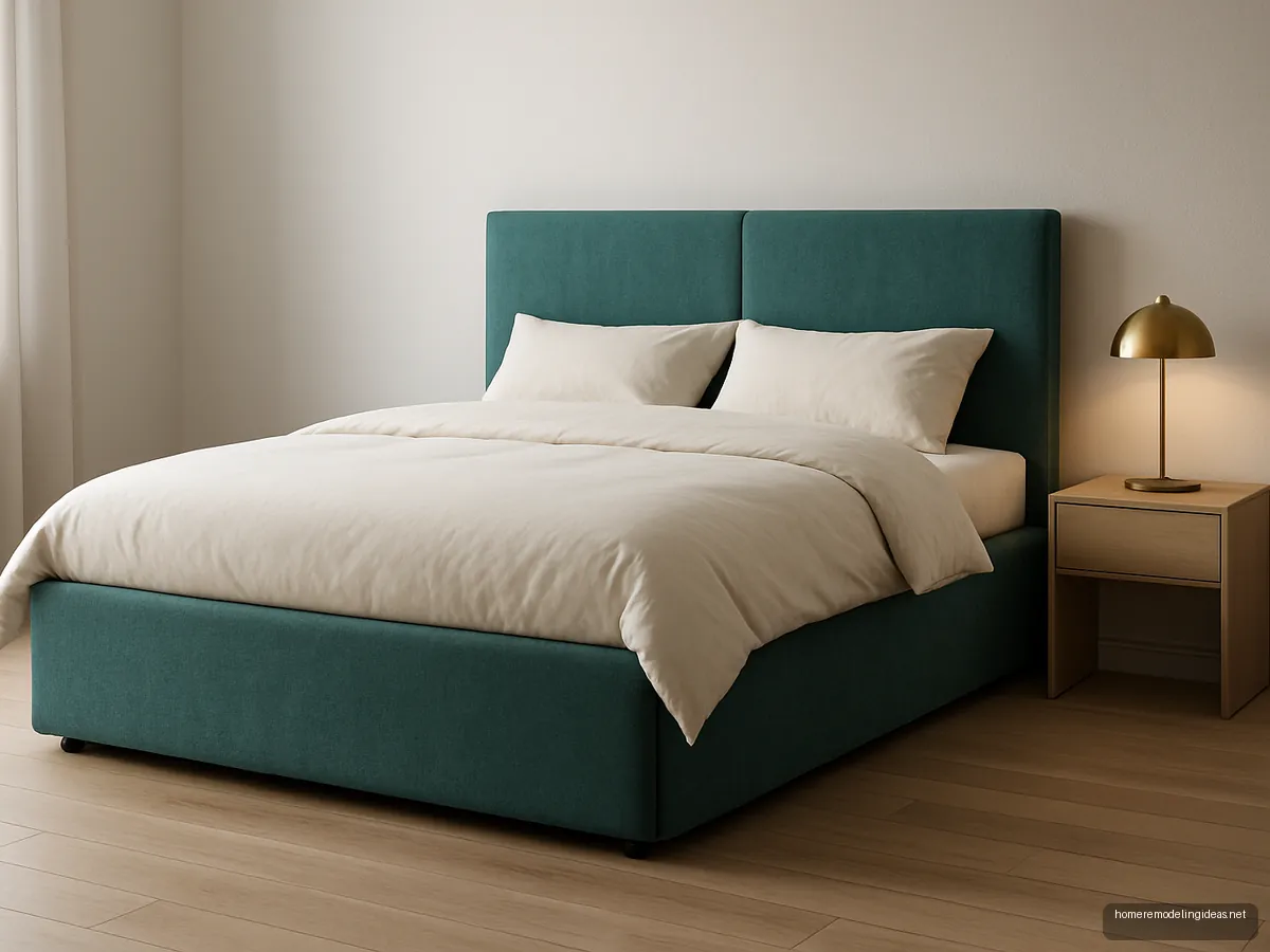 Teal upholstered hydraulic storage bed with ivory bedding